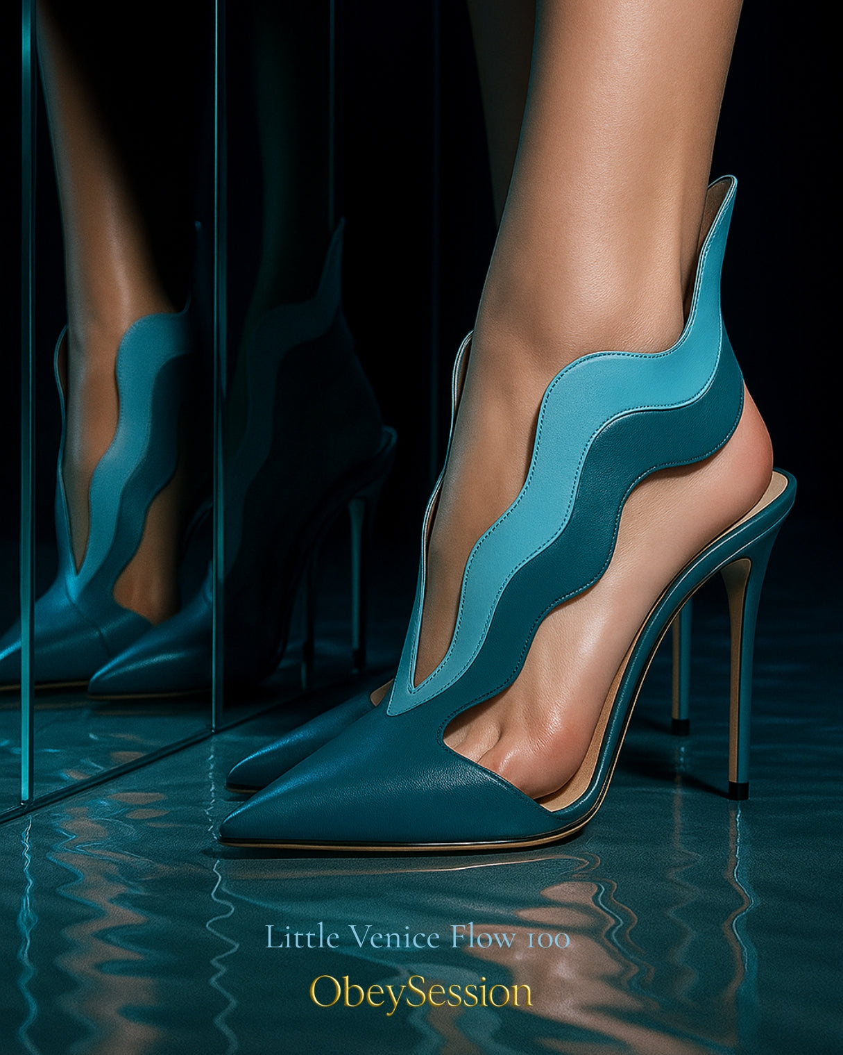 Teal high-heeled shoes with wavy design worn by a person on a reflective surface.