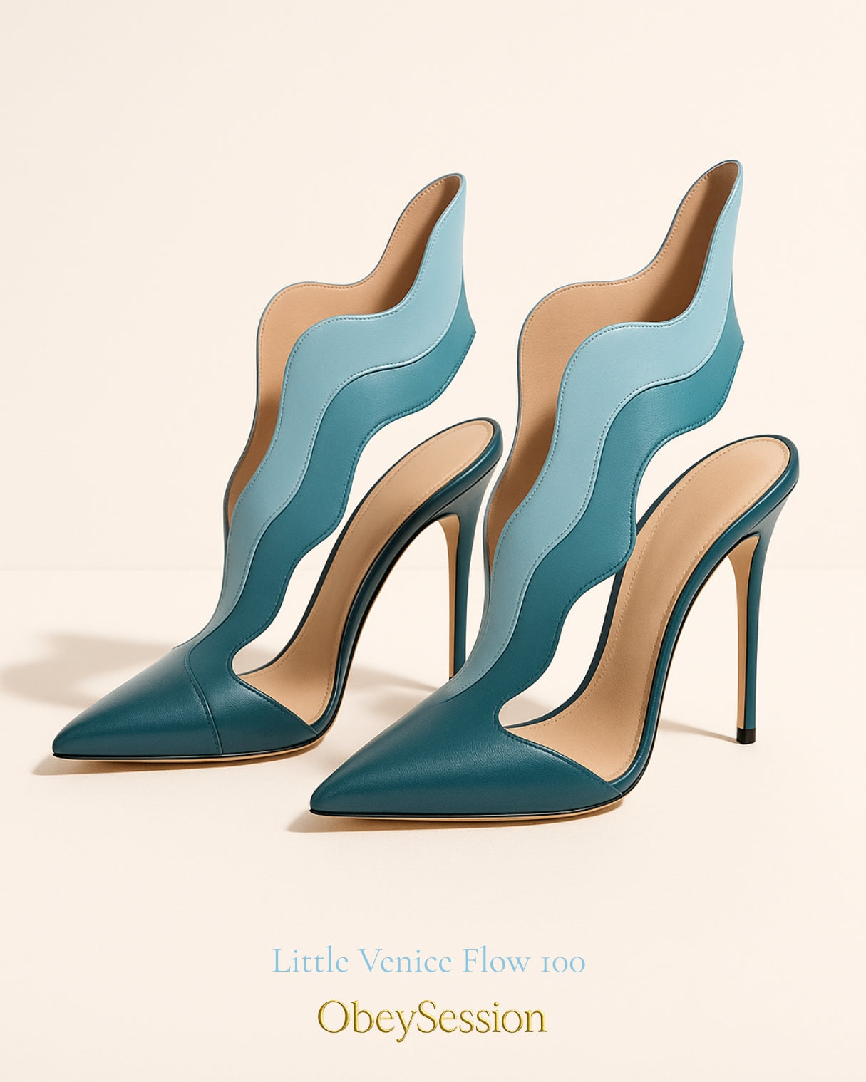 Pair of teal high-heeled shoes with wavy design on a beige background, featuring the brand 'ObeySession'.